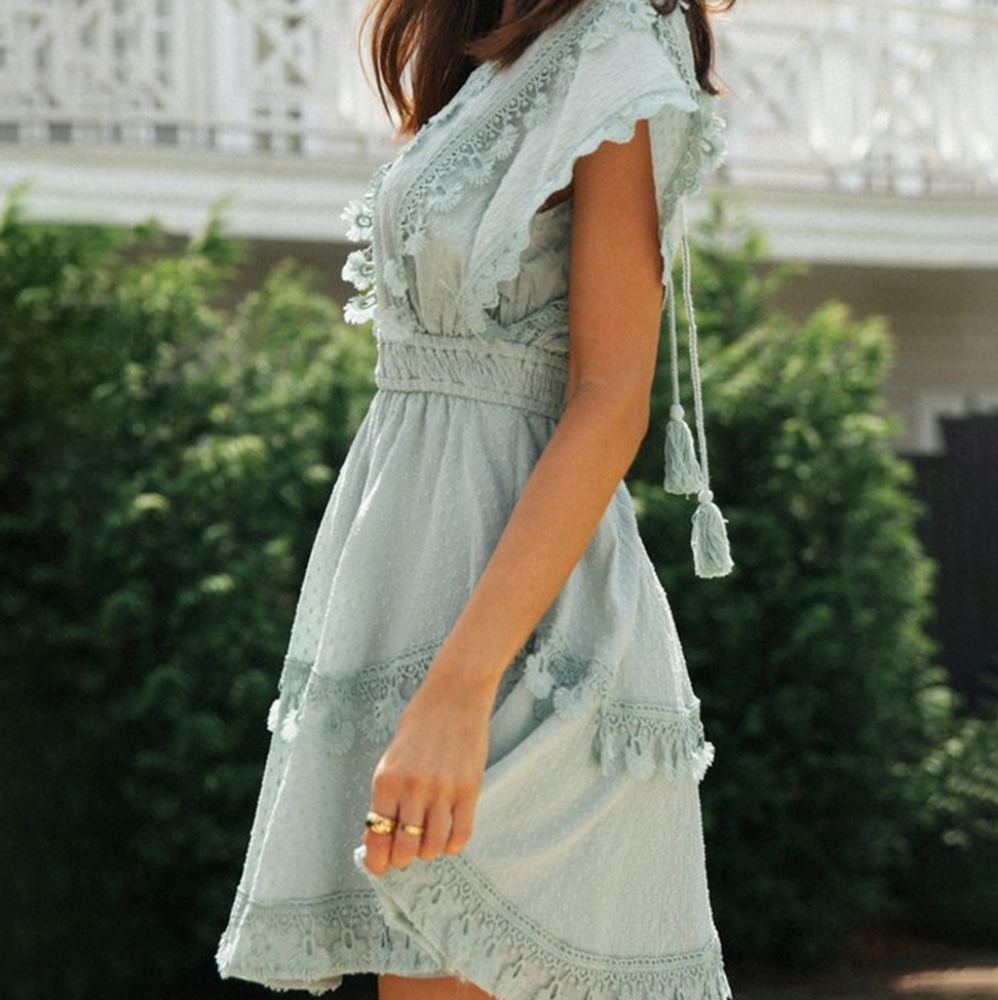 Lace Detail Plunge Short Sleeve Mini Dress - Picture 11 of 13